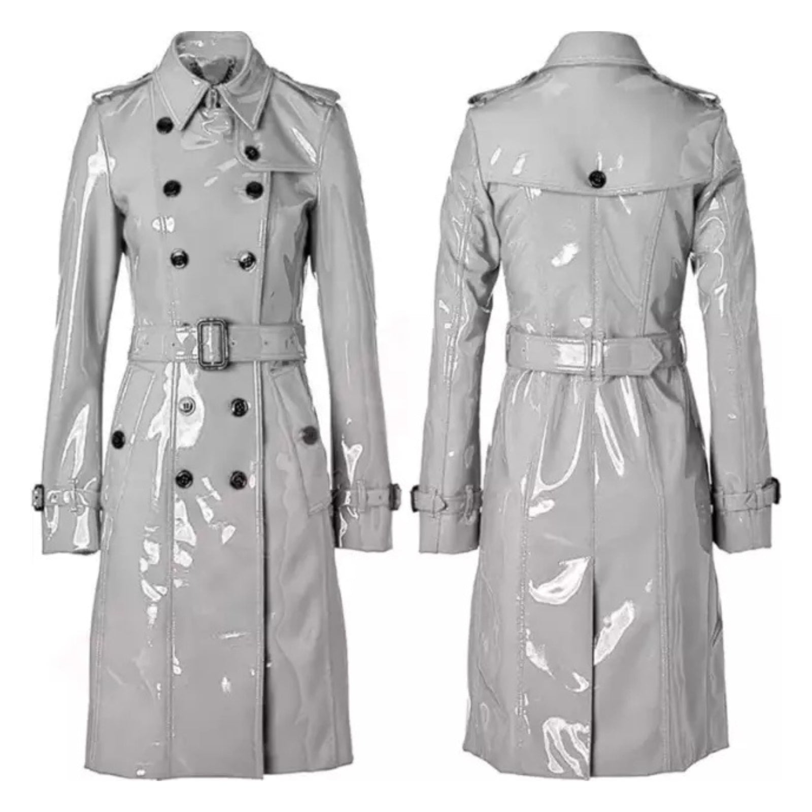 Women's Trench Coat PVC Vinyl Shiny Gothic Emo Soft Faux Leather White Long Coat