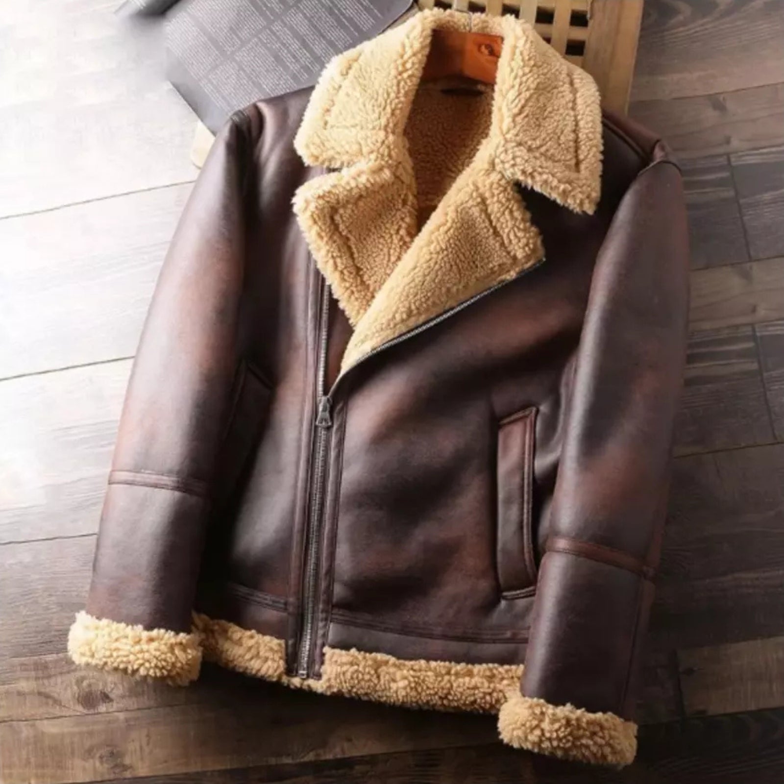 Mens Real Leather Distressed Brown Shearling Fur Aviator Bomber Sheepskin Jacket