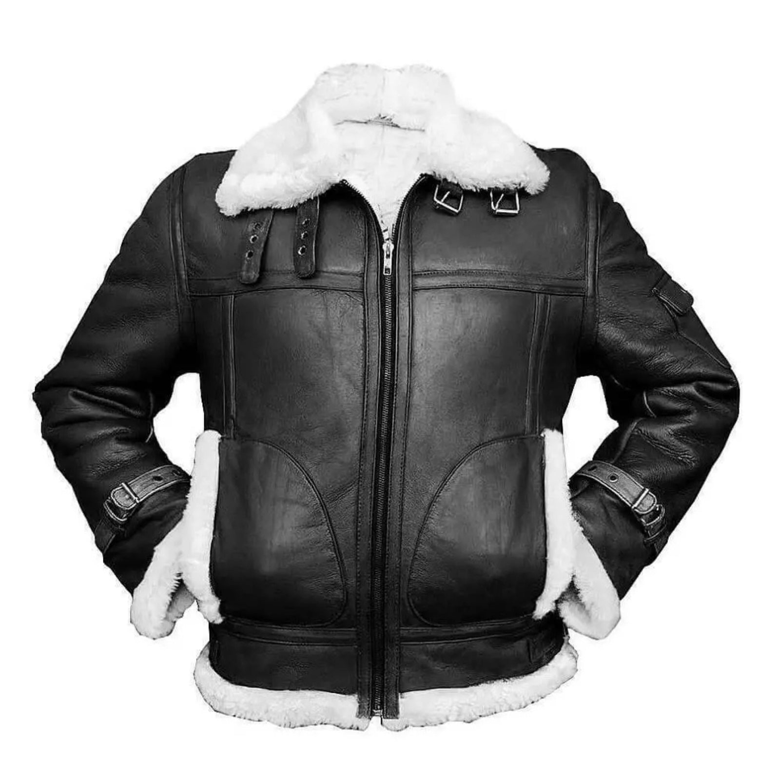Men's Geniune Lambskin Black Leather Jacket Bomber B3 RAF Shearling Aviator Coat