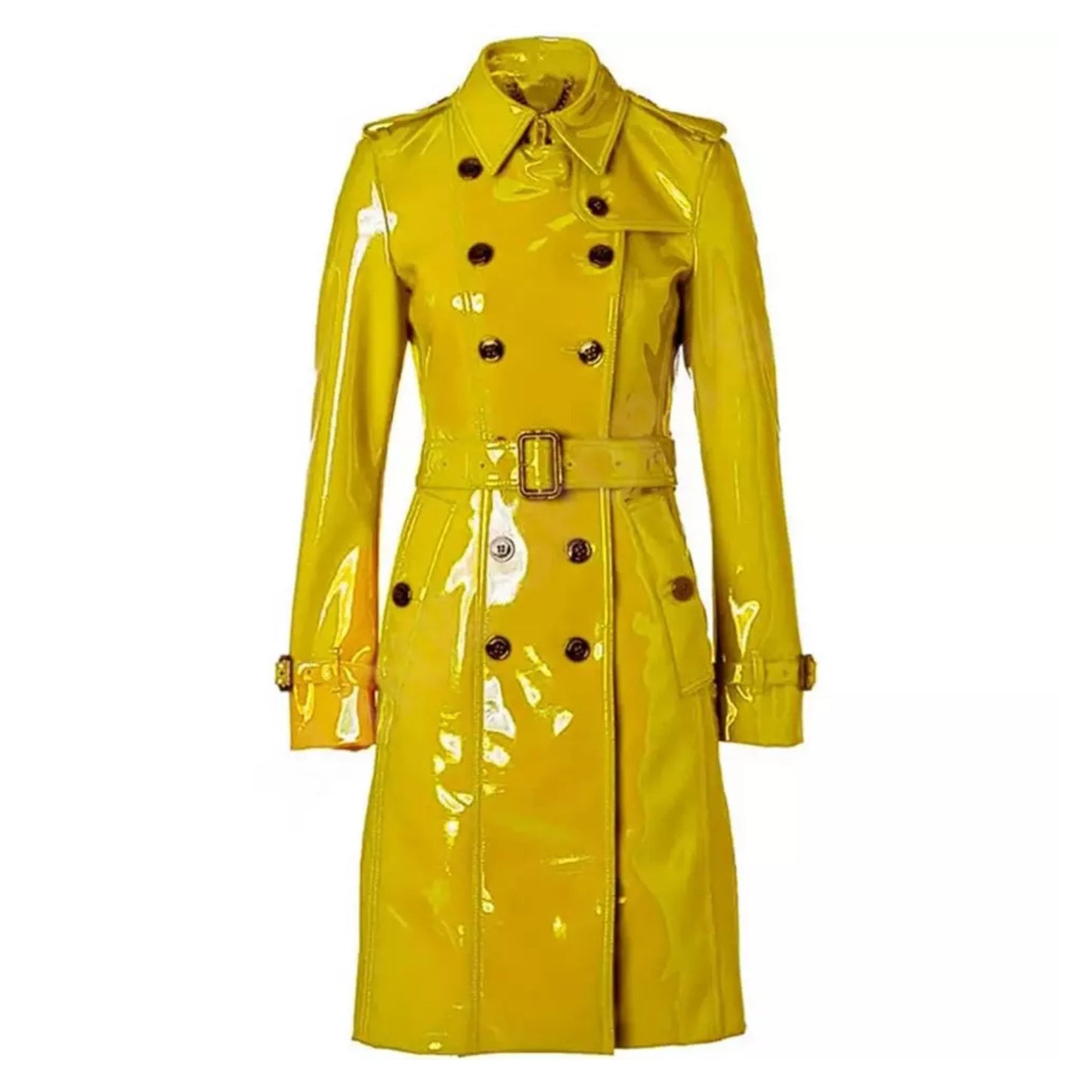 Women Trench Coat PVC Vinyl Shiny Gothic Emo Soft Faux Leather Yellow Long Coat