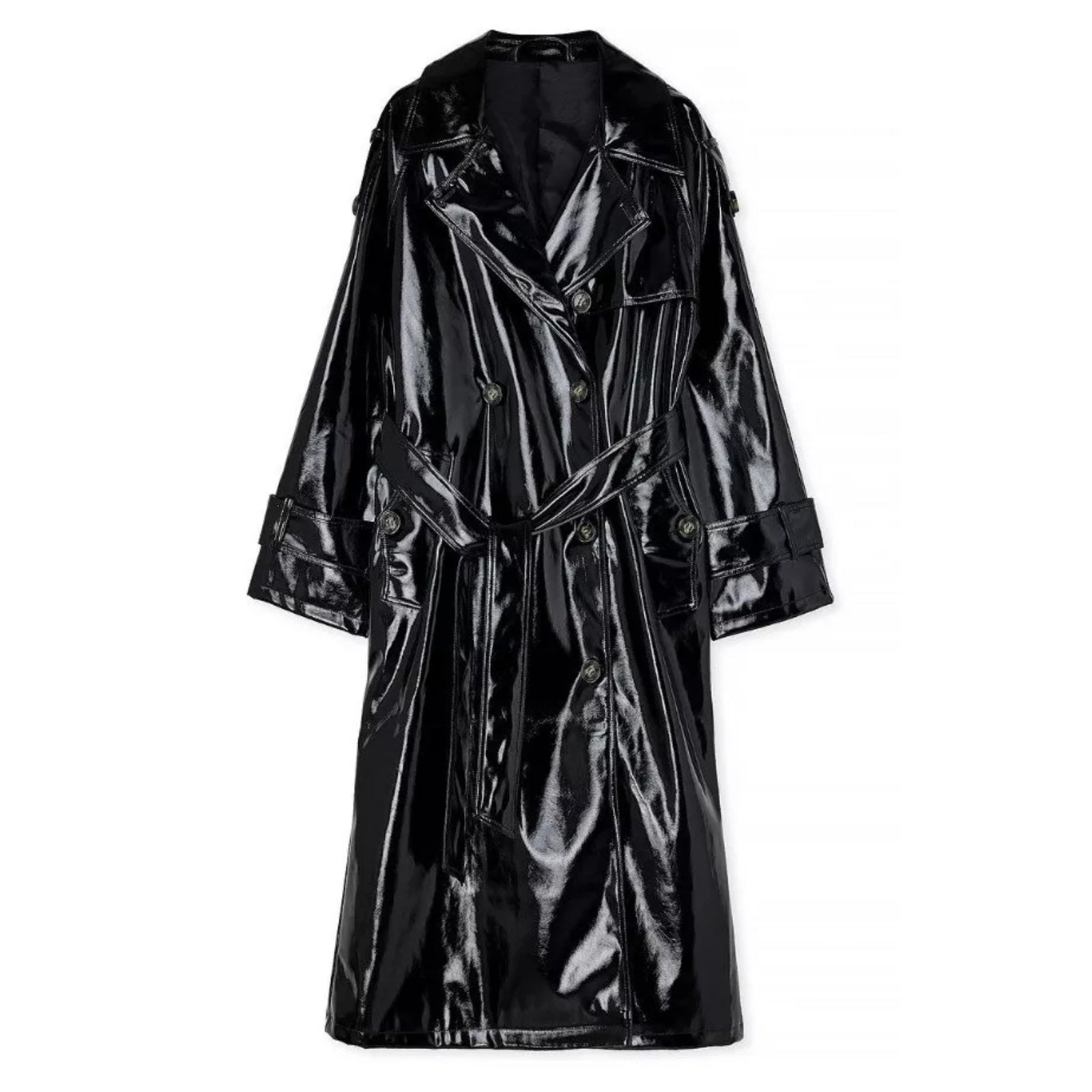 Women's Trench Coat PVC Vinyl Shiny Gothic Emo Soft Faux Leather Black Long Coat