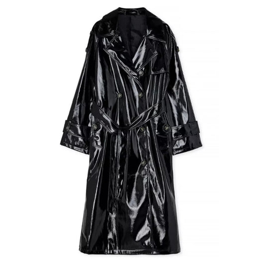 Women's Trench Coat PVC Vinyl Shiny Gothic Emo Soft Faux Leather Black Long Coat