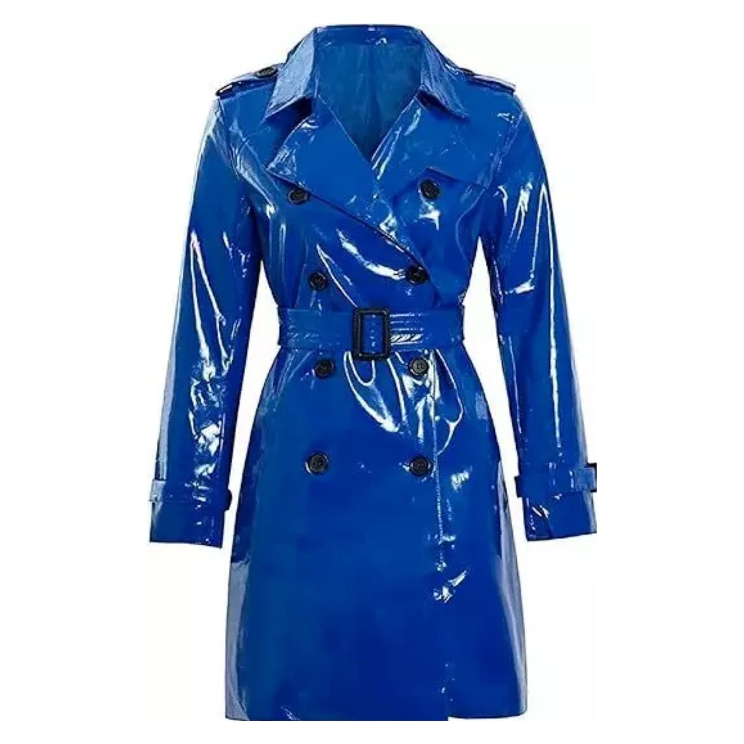 Women's Trench Coat PVC Vinyl Shiny Gothic Emo Soft Faux Leather Blue Long Coat