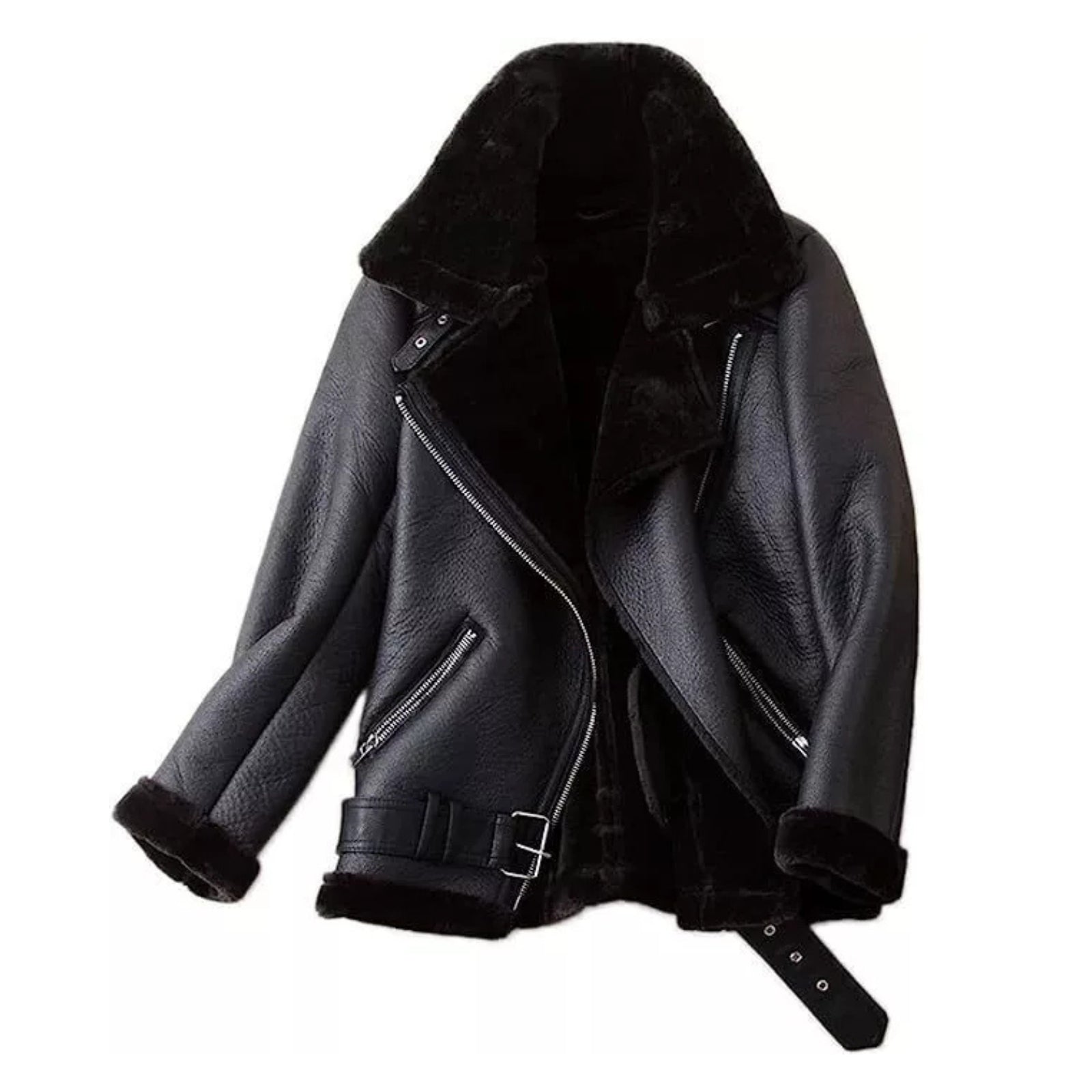 Women's Real Sheep Leather Biker Jacket Double Faced Pilot Avitor Black Fur Coat
