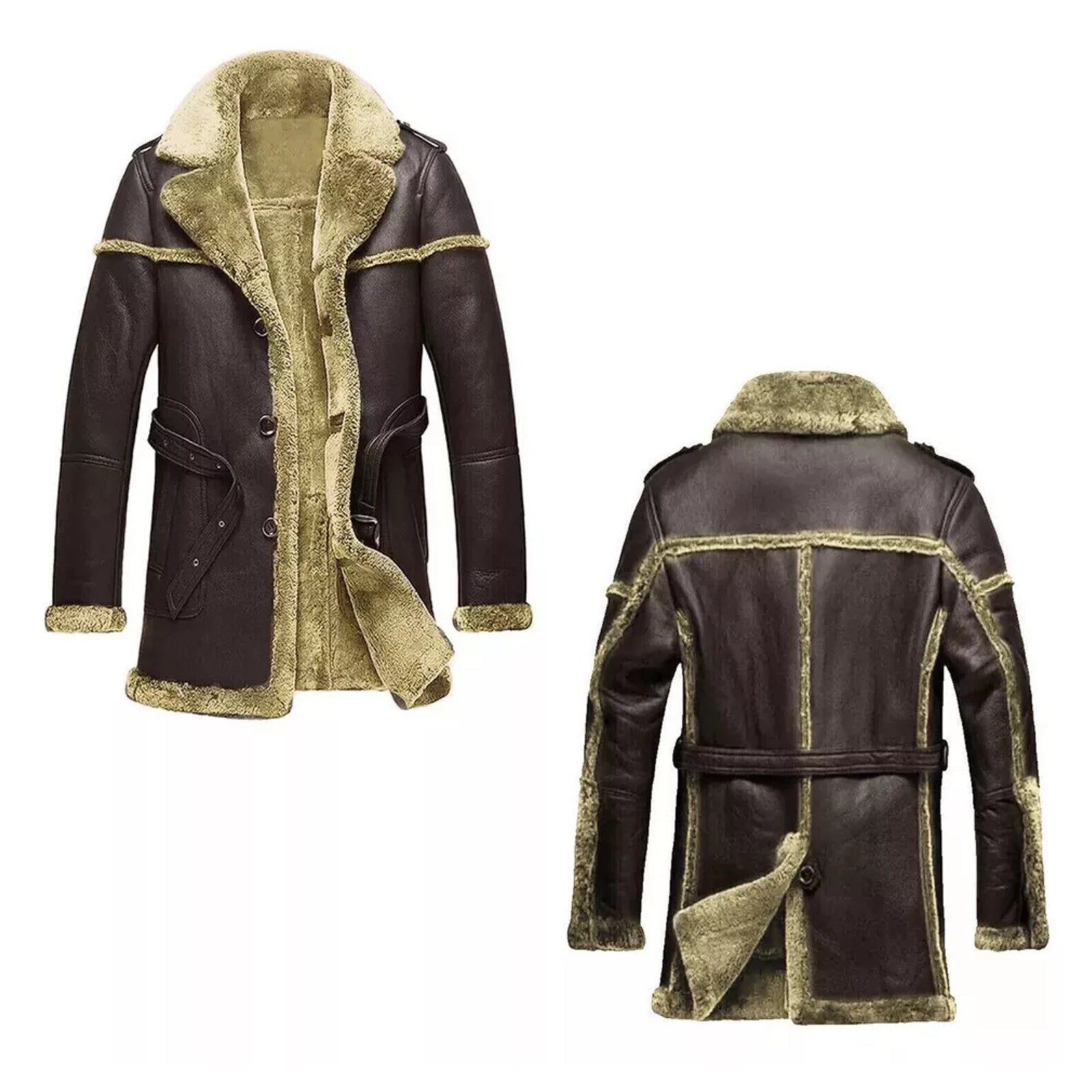 Mens RAF Shearling Long Coat Leisure Bomber Chaco Brown Genuine Leather Overcoat