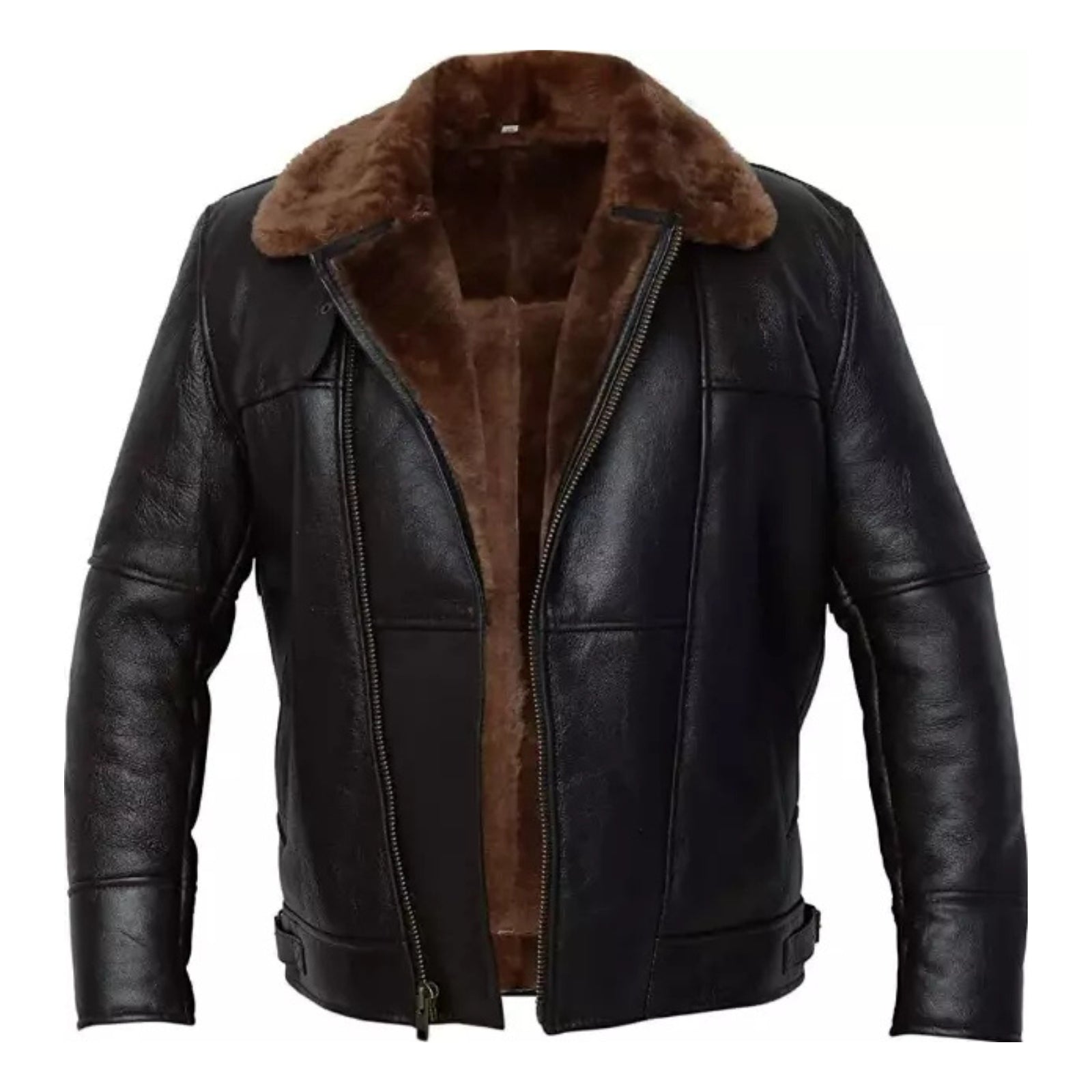 Men's RAF Aviator Shearling Bomber Faux Fur Genuine Black Sheep Leather Jacket