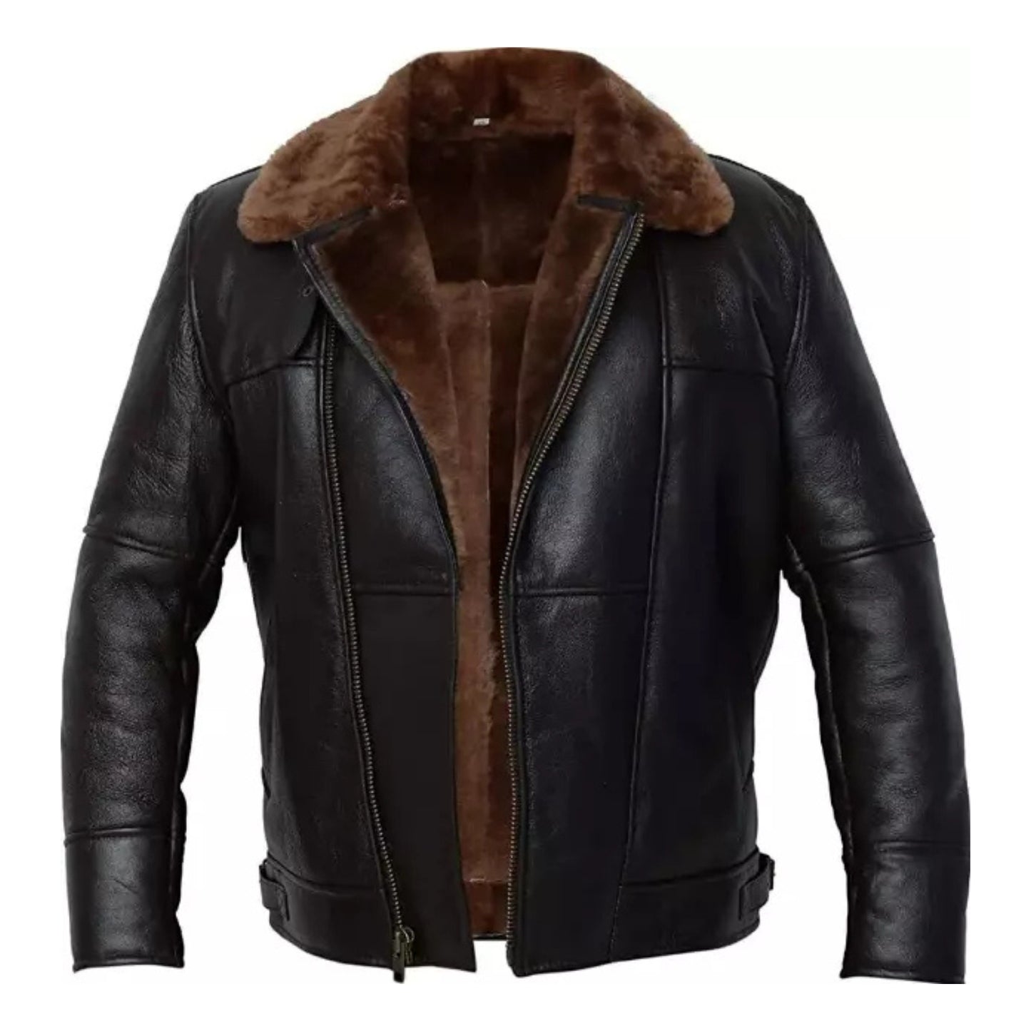 Men's RAF Aviator Shearling Bomber Faux Fur Genuine Black Sheep Leather Jacket