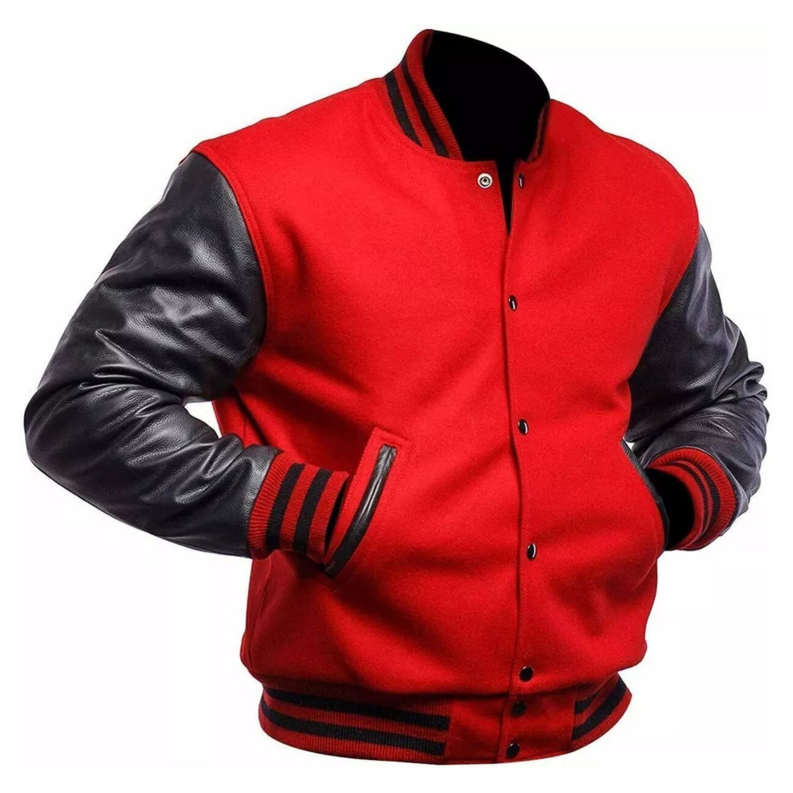 Men's Letterman Bomber Baseball Red Wool & Black Leather Sleeves Varsity Jackets