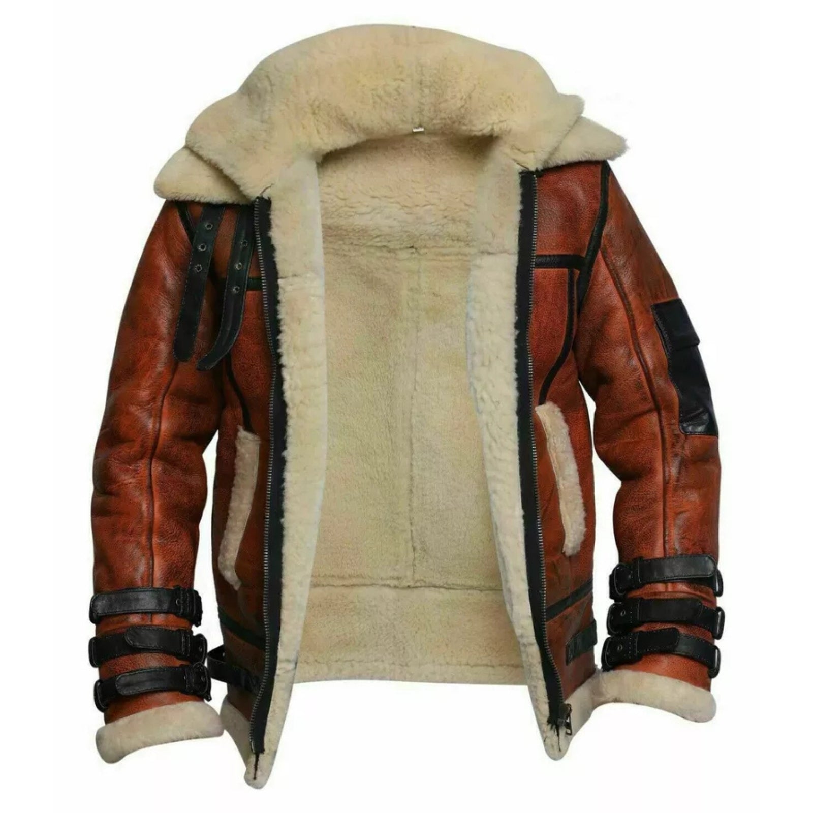 Men's RAF Flying Pilot Aviator Shearling Geniune Brown Leather Jacket Fur Coat
