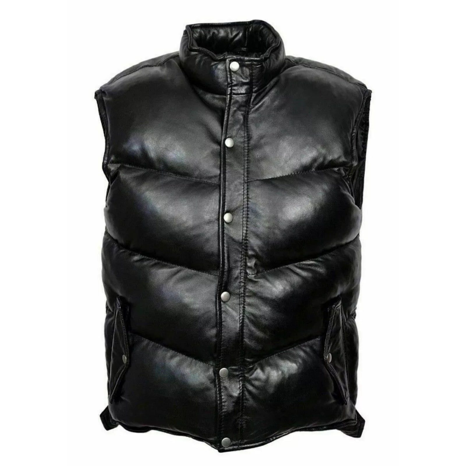 Mens EVEREST PUFFER Genuine Black Leather Gilet Vest Waistcoat Sleeveless Jacket