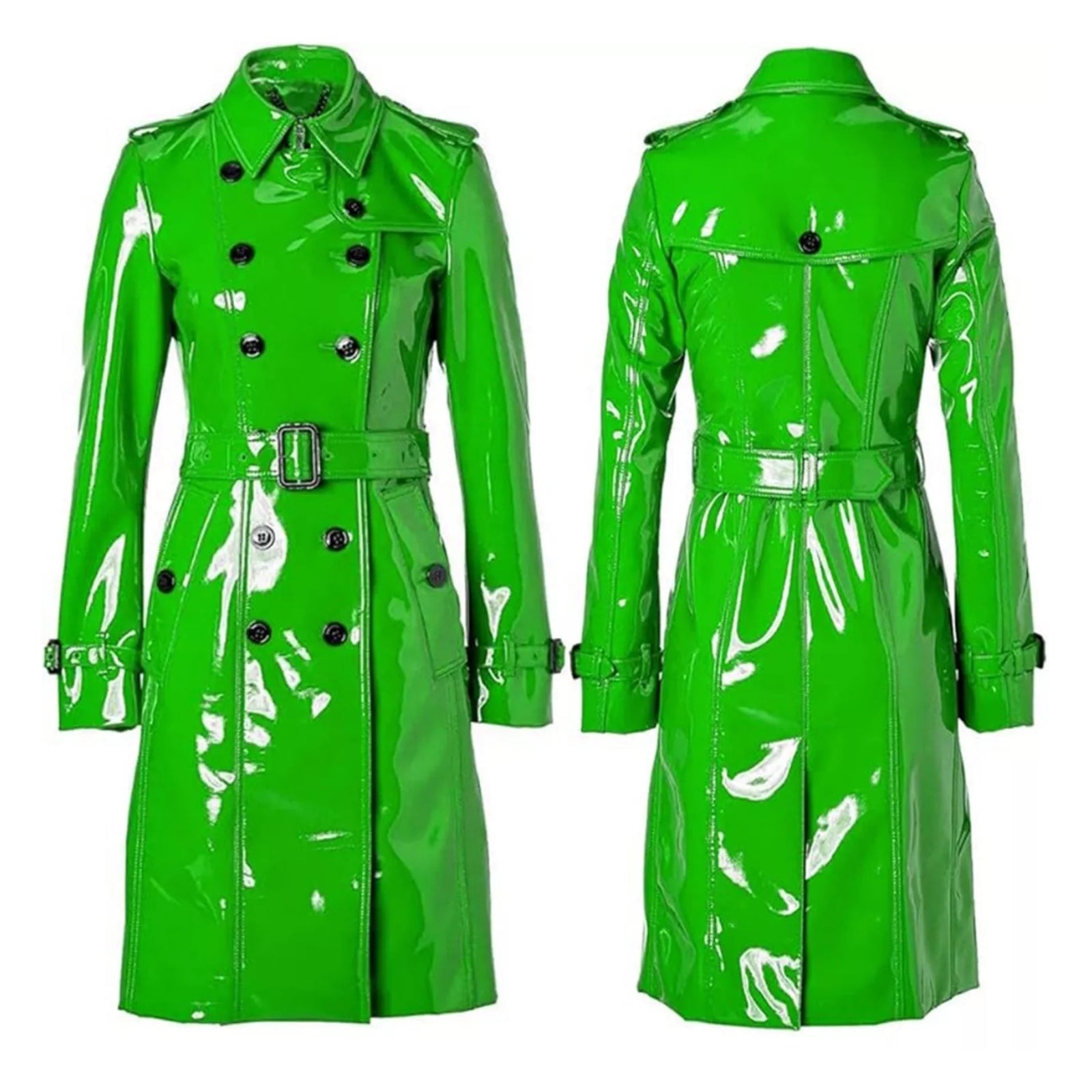 Women Trench Coat PVC Vinyl Shiny Gothic Emo Faux Leather Kelly Green Long Coat