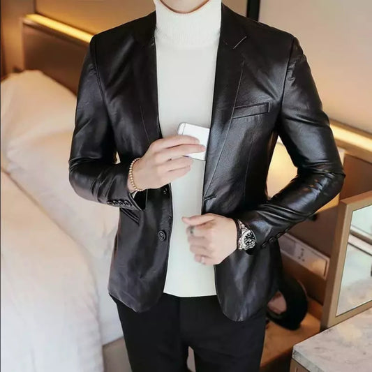 Mens 2 button Black Leather Coat Genuine Sheepskin Blazer Premium Quality Jacket