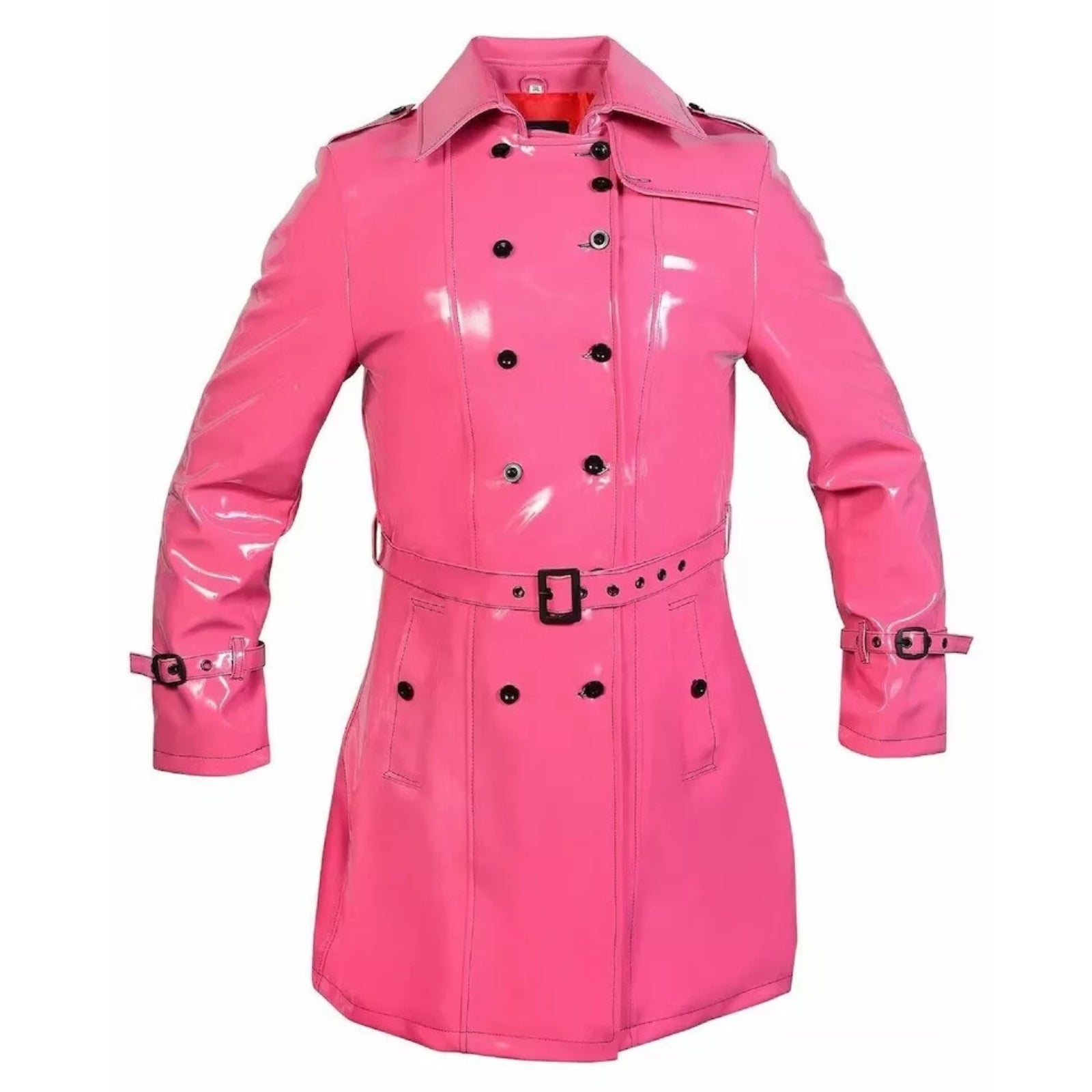 Women's Trench Coat PVC Vinyl Shiny Gothic Emo Soft Faux Leather Pink Long Coat