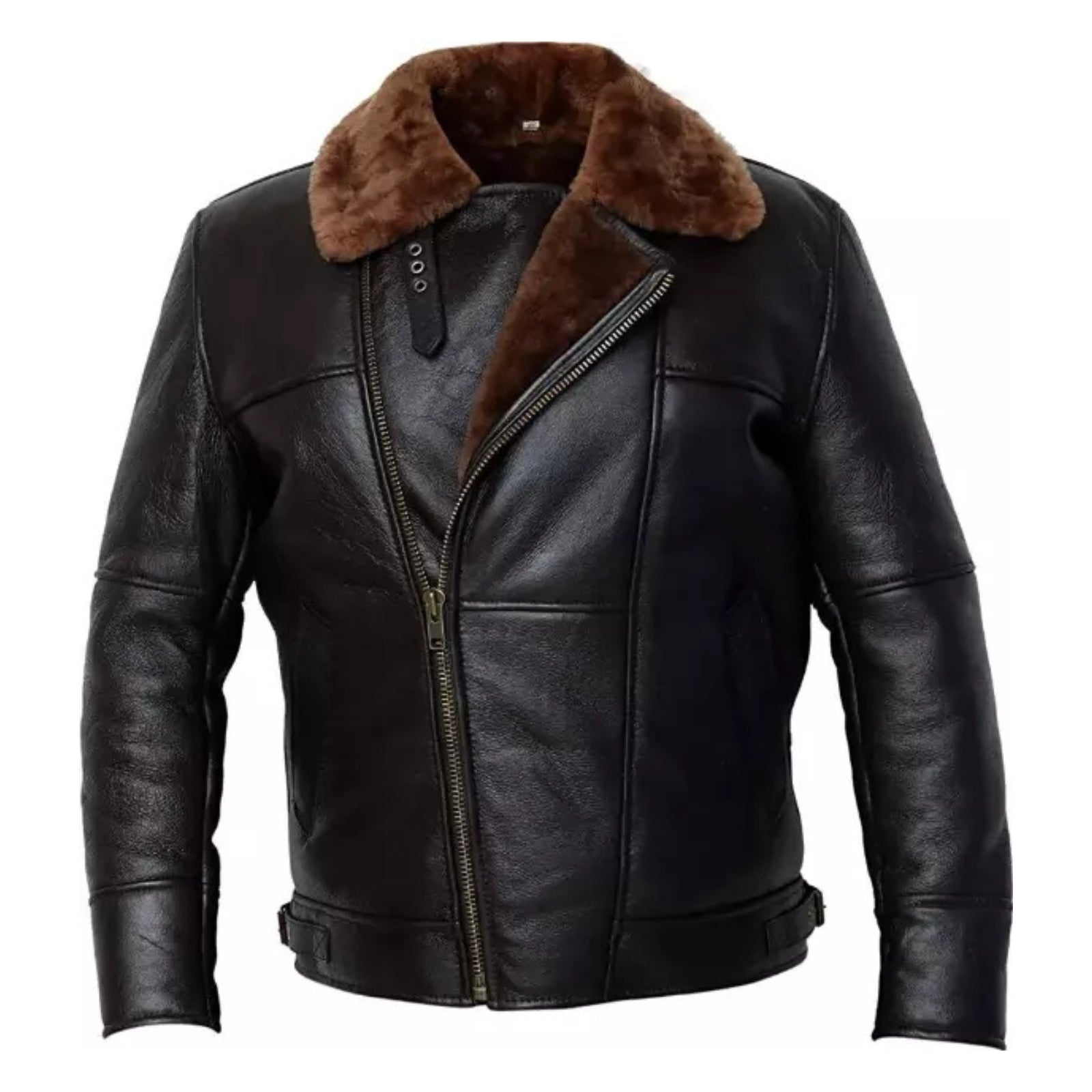 Men's RAF Aviator Shearling Bomber Faux Fur Genuine Black Sheep Leather Jacket