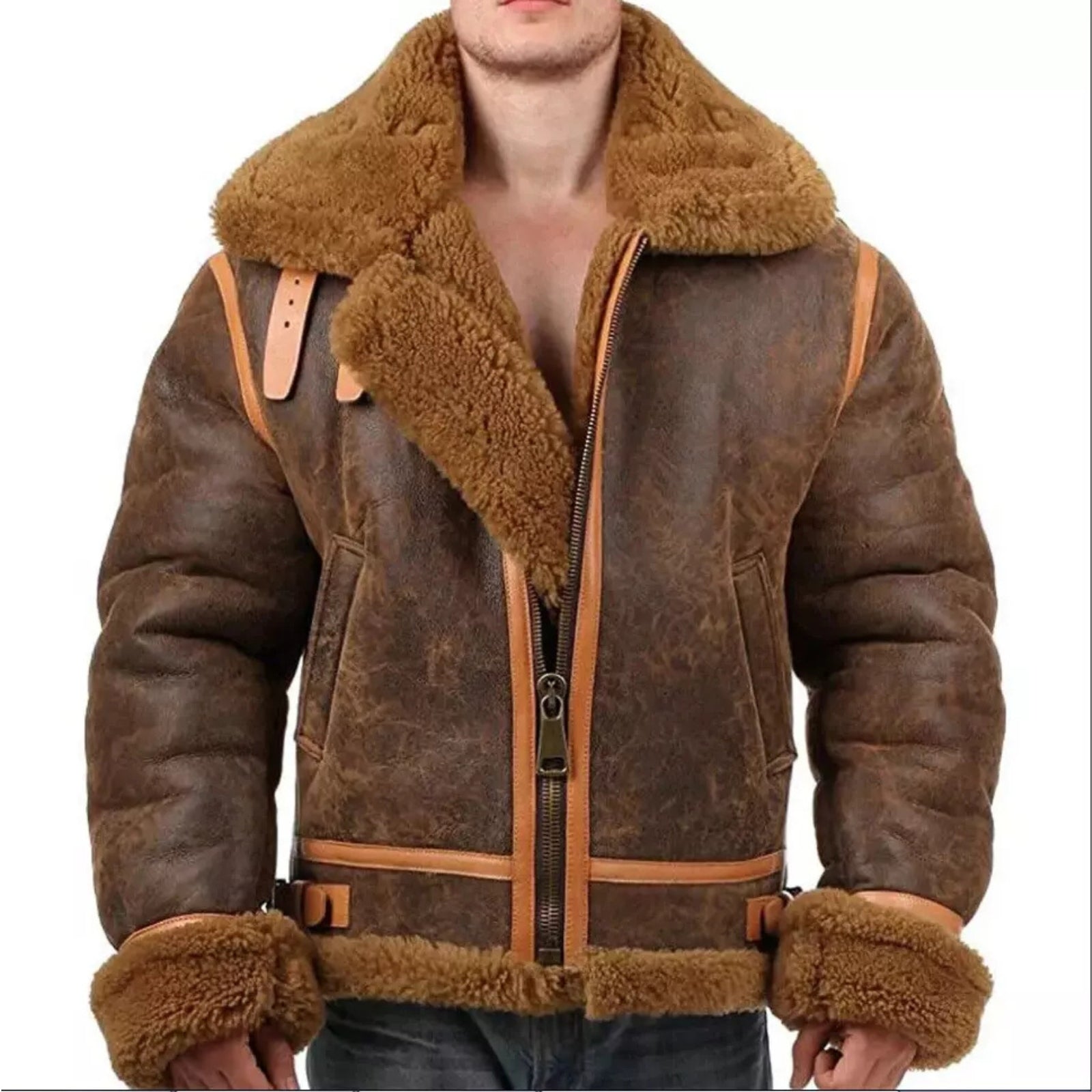 Mens B3 Bomber Aviator RAF Jacket Distressed Sheepskin Leather Winter Brown Co