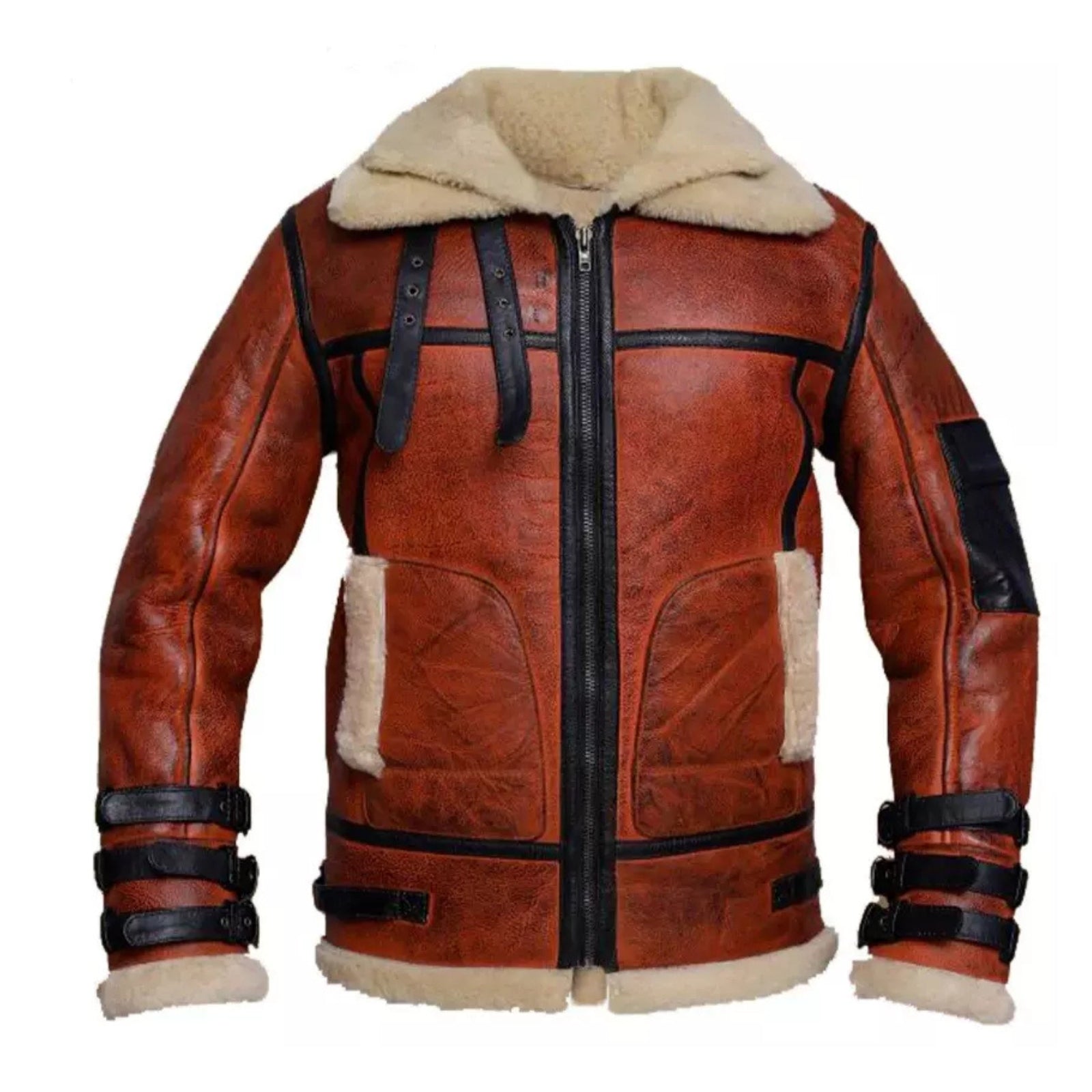 Men's RAF Flying Pilot Aviator Shearling Geniune Brown Leather Jacket Fur Coat