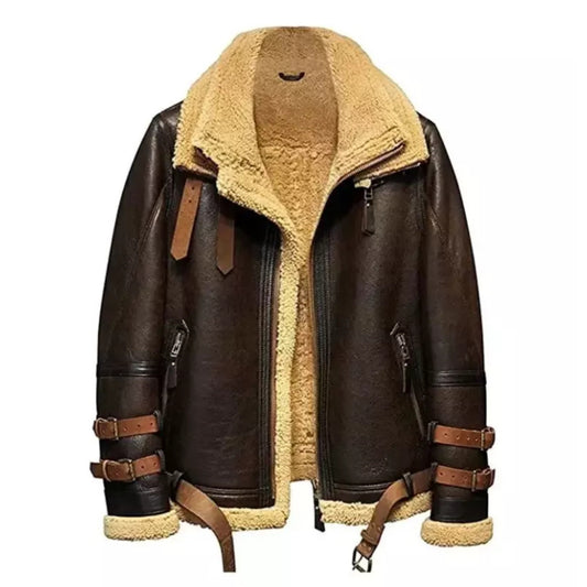Men's Brown Double Fur Collar RAF Flight Bomber Aviator Sheepskin Leather Jacket