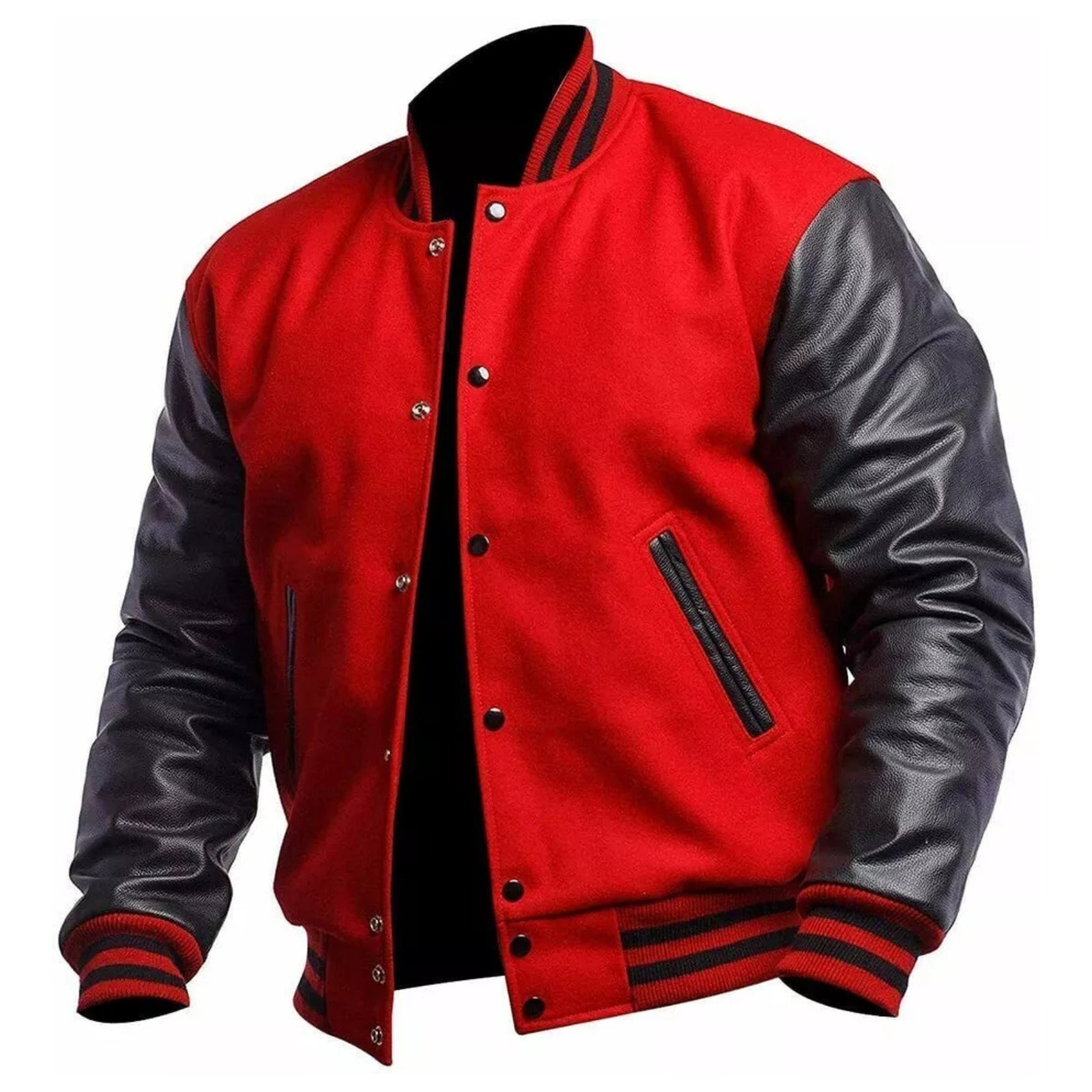 Men's Letterman Bomber Baseball Red Wool & Black Leather Sleeves Varsity Jackets