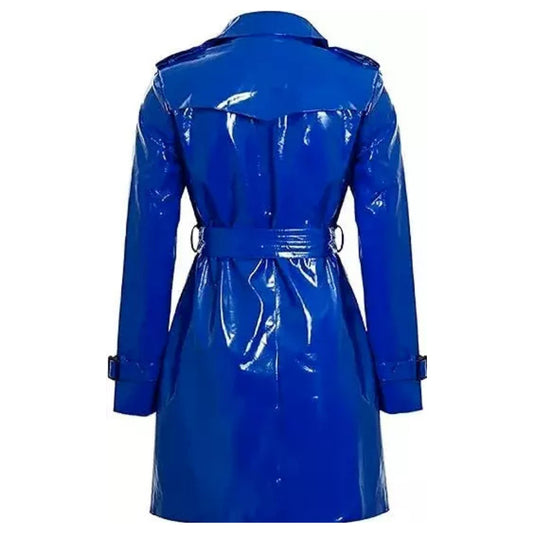 Women's Trench Coat PVC Vinyl Shiny Gothic Emo Soft Faux Leather Blue Long Coat