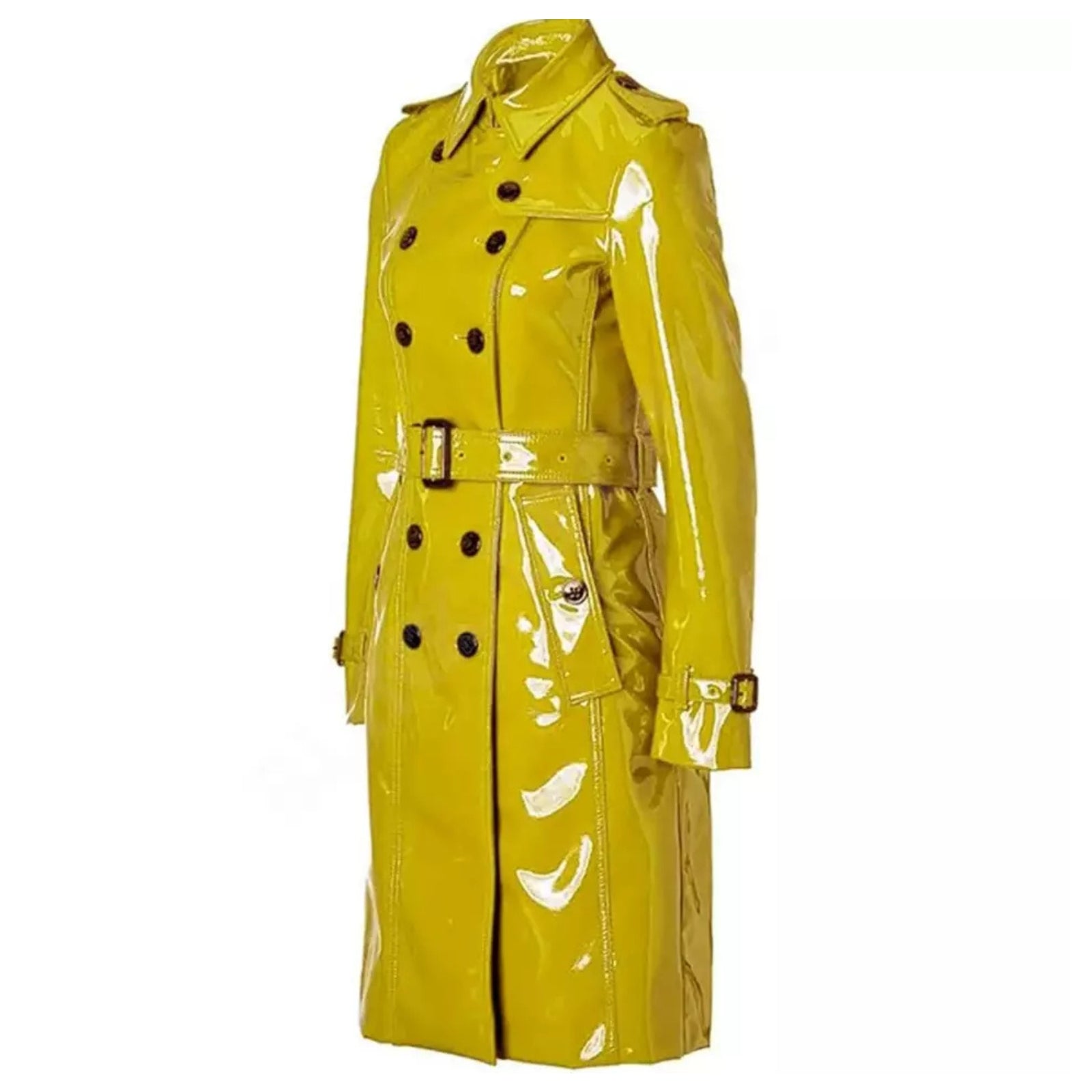 Women Trench Coat PVC Vinyl Shiny Gothic Emo Soft Faux Leather Yellow Long Coat