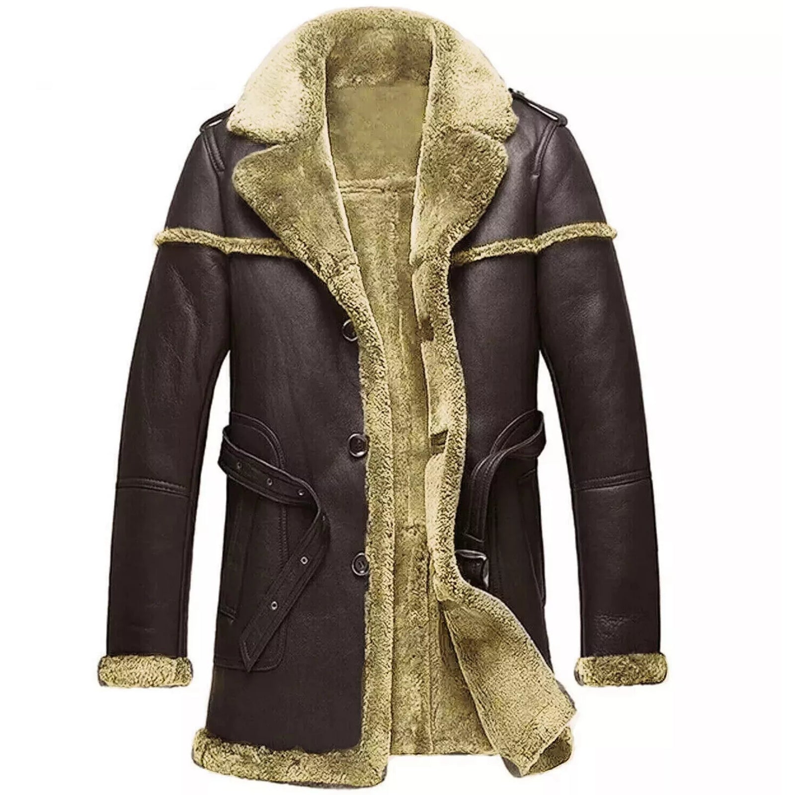 Mens RAF Shearling Long Coat Leisure Bomber Chaco Brown Genuine Leather Overcoat