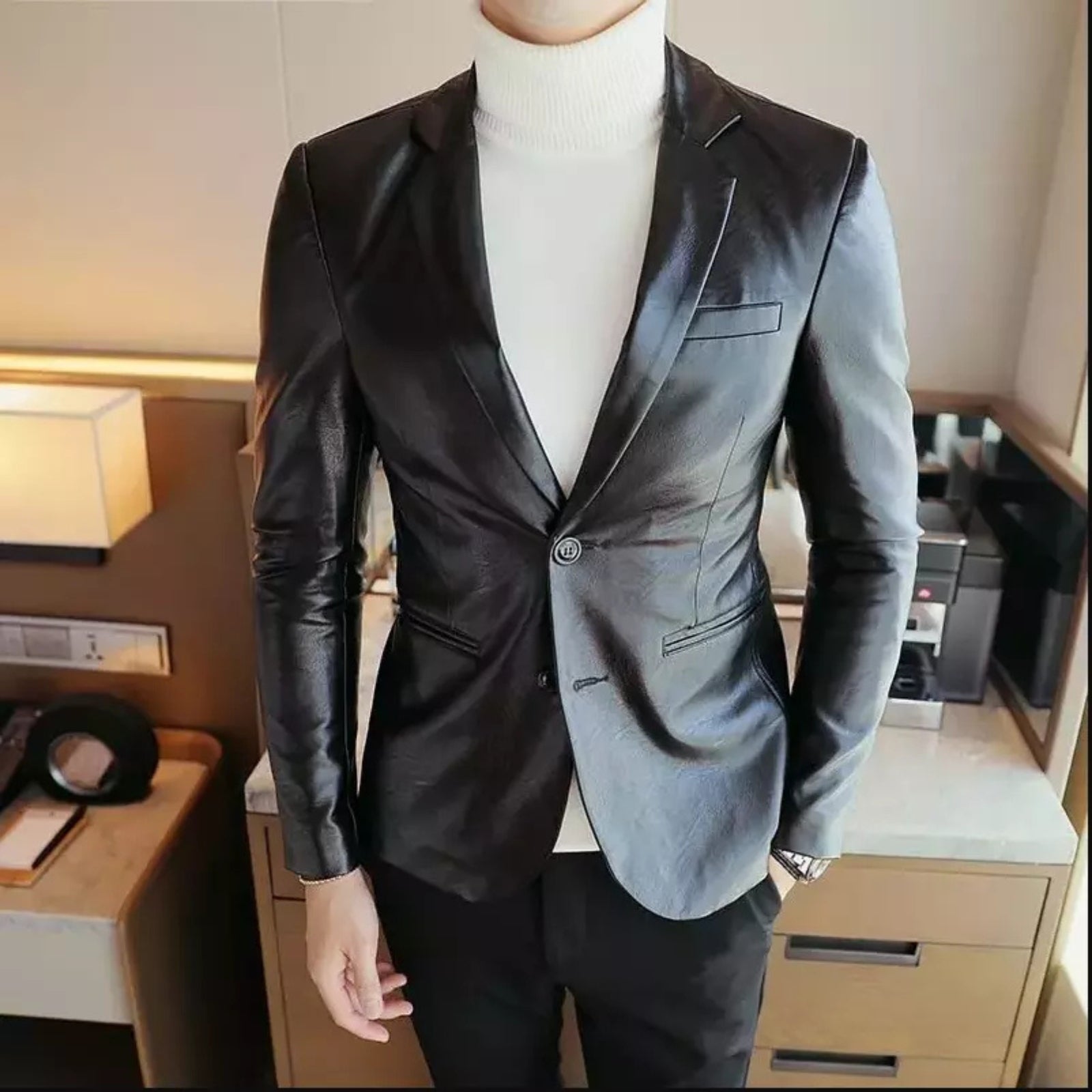 Mens 2 button Black Leather Coat Genuine Sheepskin Blazer Premium Quality Jacket