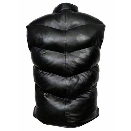 Mens EVEREST PUFFER Genuine Black Leather Gilet Vest Waistcoat Sleeveless Jacket