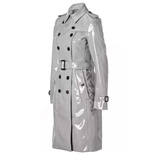 Women's Trench Coat PVC Vinyl Shiny Gothic Emo Soft Faux Leather White Long Coat
