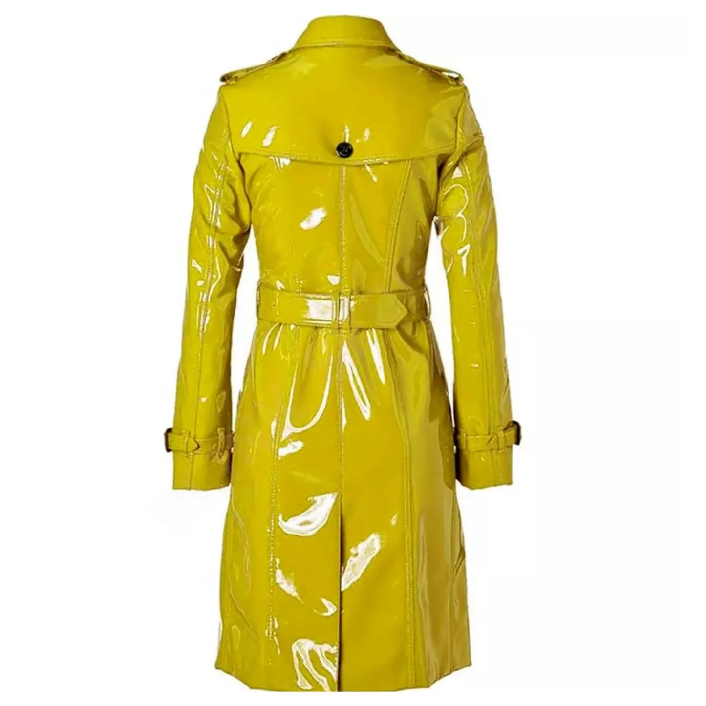 Women Trench Coat PVC Vinyl Shiny Gothic Emo Soft Faux Leather Yellow Long Coat