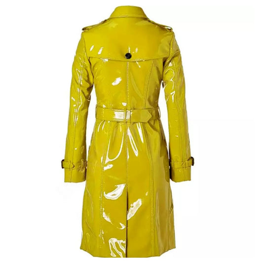 Women Trench Coat PVC Vinyl Shiny Gothic Emo Soft Faux Leather Yellow Long Coat
