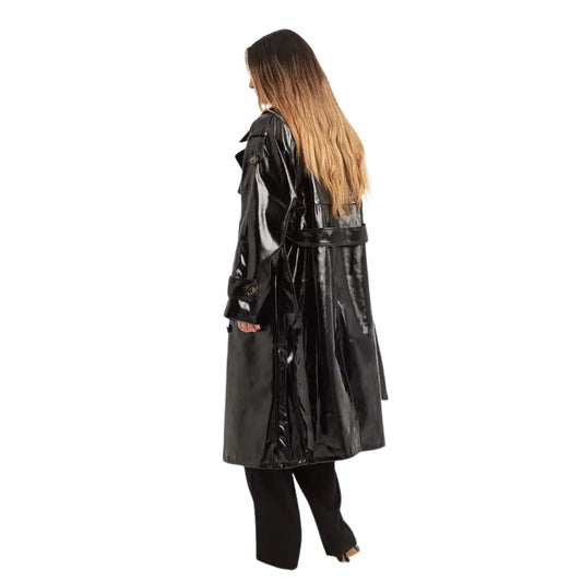 Women's Trench Coat PVC Vinyl Shiny Gothic Emo Soft Faux Leather Black Long Coat