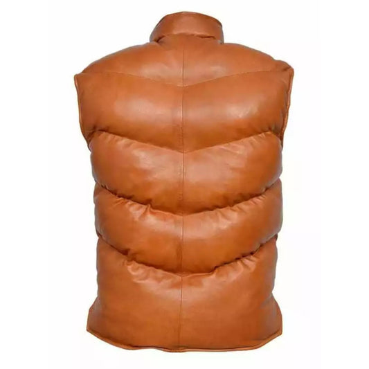 Men's EVEREST PUFFER Genuine Tan Leather Gilet Vest Waistcoat Sleeveless Jacket