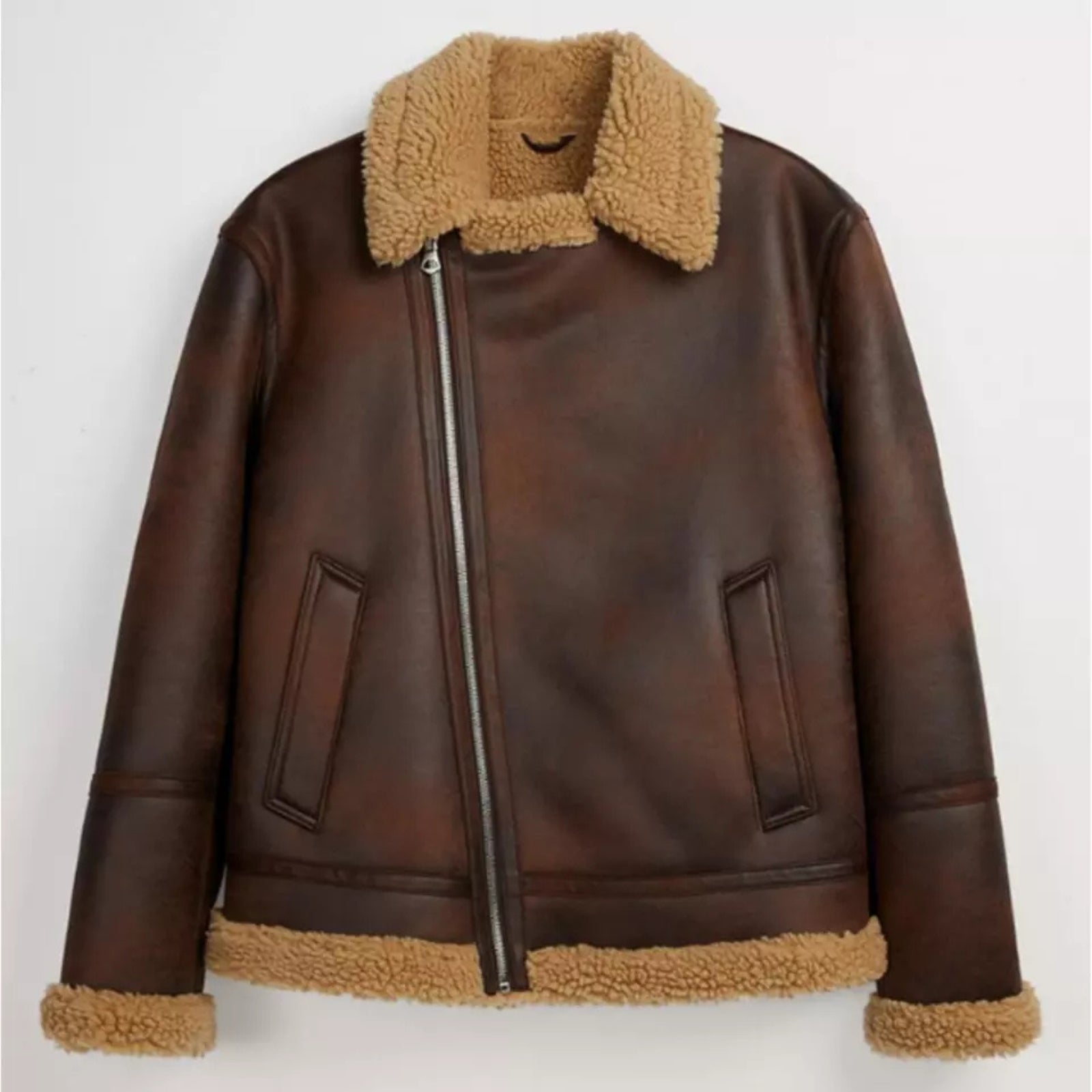 Mens Real Leather Distressed Brown Shearling Fur Aviator Bomber Sheepskin Jacket