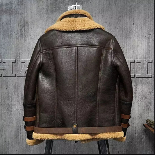 Men's Brown Double Fur Collar RAF Flight Bomber Aviator Sheepskin Leather Jacket