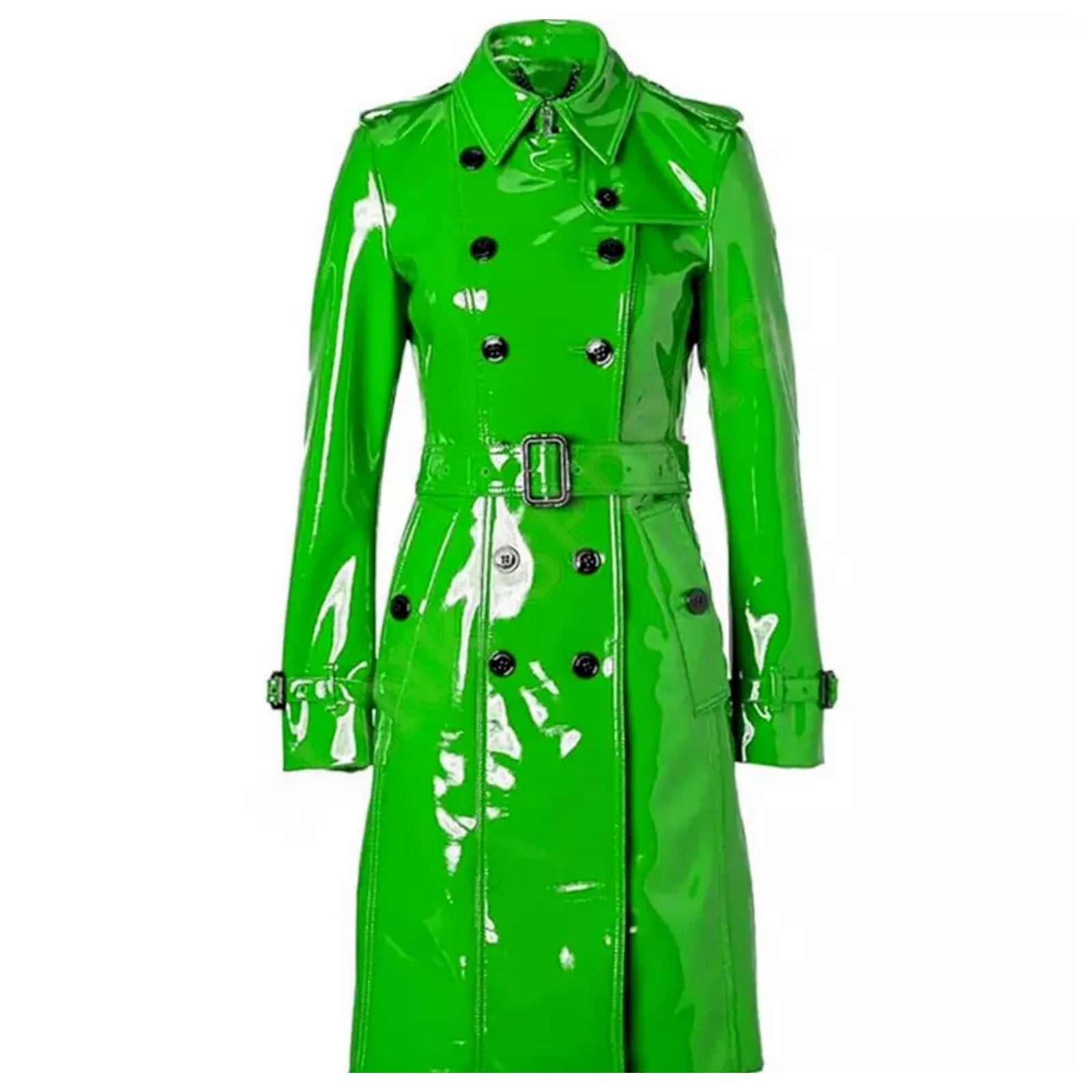 Women Trench Coat PVC Vinyl Shiny Gothic Emo Faux Leather Kelly Green Long Coat