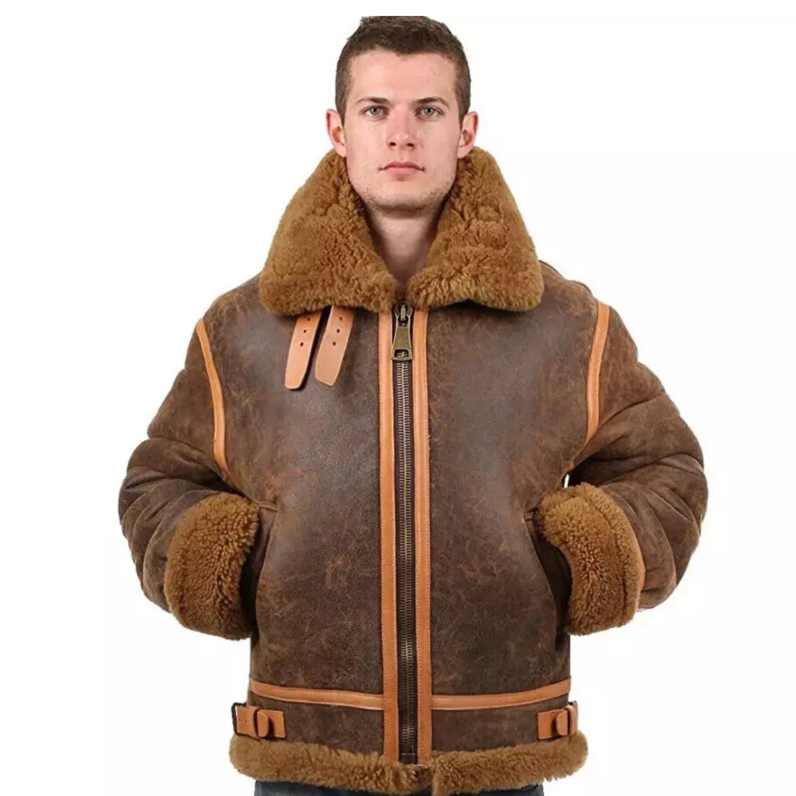 Mens B3 Bomber Aviator RAF Jacket Distressed Sheepskin Leather