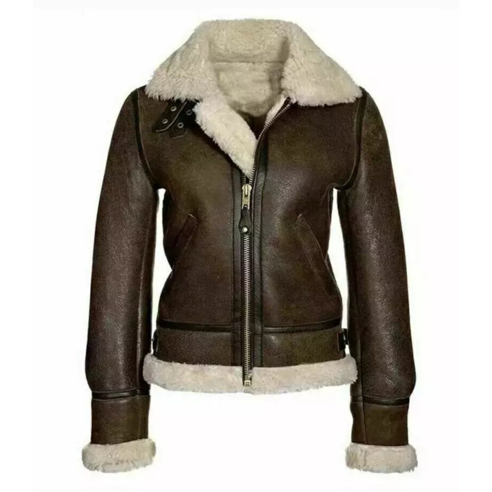 Women Aviator RAF Bomber Shearling Real Brown Leather Jacket Sheepskin Fur Coat